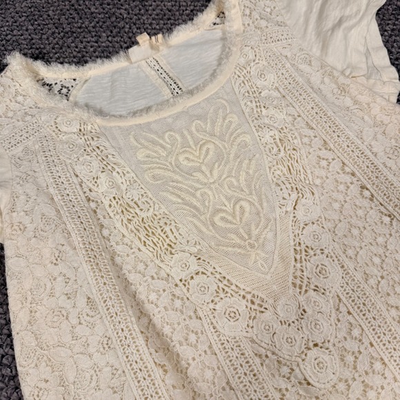 Meadow Rue Anthropologie Lace Embroidered Top S Ivory Boho Frayed Neckline - Picture 9 of 10
